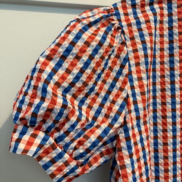 Plaid Gingham Shirt Dress Women Medium Red Blue Puff Sleeve Game Day Button Down - Picture 6 of 13
